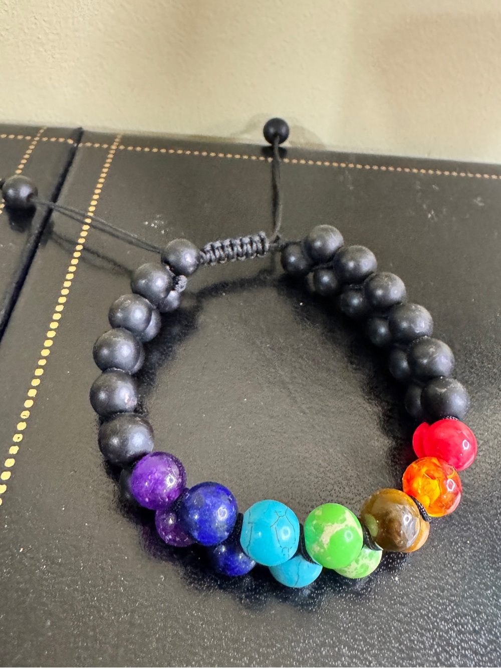Multicolor Chakra Bead adjustable Bracelet - Black Cord